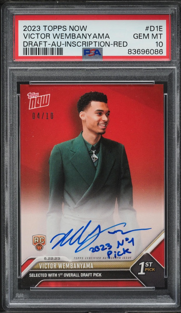 Victor Wembanyama 2023 Topps NOW Draft Red Inscription Autograph numbered 4 of 10 in a PSA 10 holder.